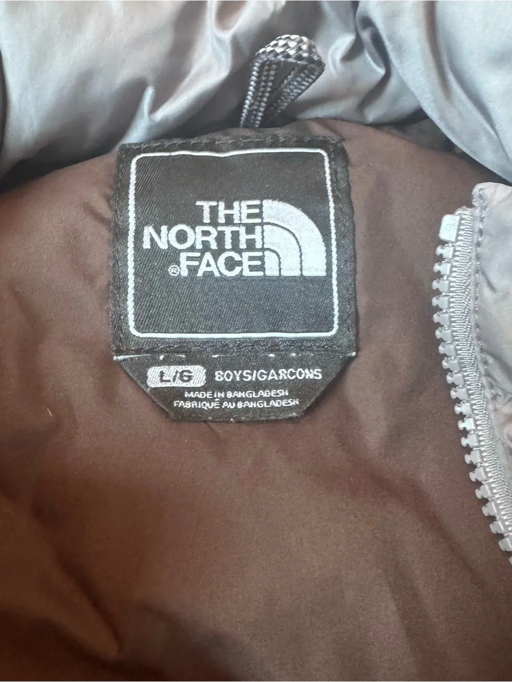 The North Face 600 boys youth puffer parka down zip orange gray jacket size L
